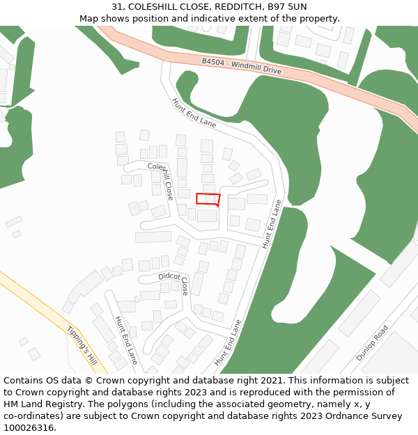 31, COLESHILL CLOSE, REDDITCH, B97 5UN: Location map and indicative extent of plot