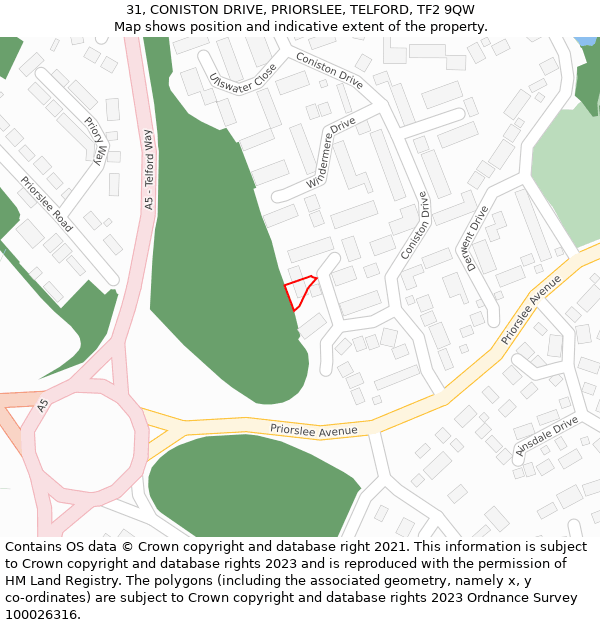 31, CONISTON DRIVE, PRIORSLEE, TELFORD, TF2 9QW: Location map and indicative extent of plot