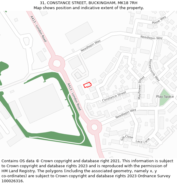 31, CONSTANCE STREET, BUCKINGHAM, MK18 7RH: Location map and indicative extent of plot