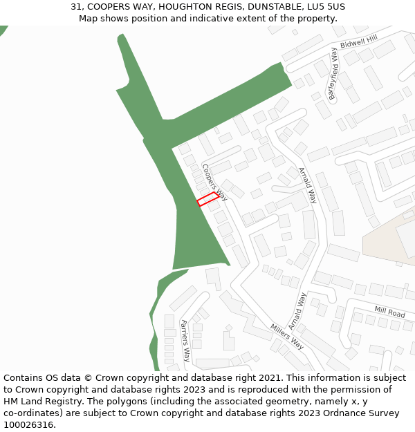 31, COOPERS WAY, HOUGHTON REGIS, DUNSTABLE, LU5 5US: Location map and indicative extent of plot