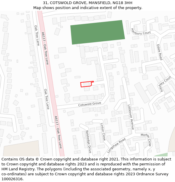 31, COTSWOLD GROVE, MANSFIELD, NG18 3HH: Location map and indicative extent of plot