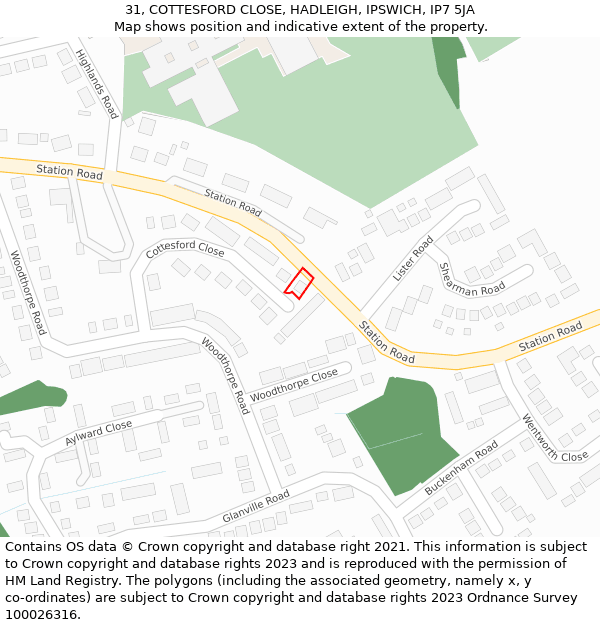 31, COTTESFORD CLOSE, HADLEIGH, IPSWICH, IP7 5JA: Location map and indicative extent of plot