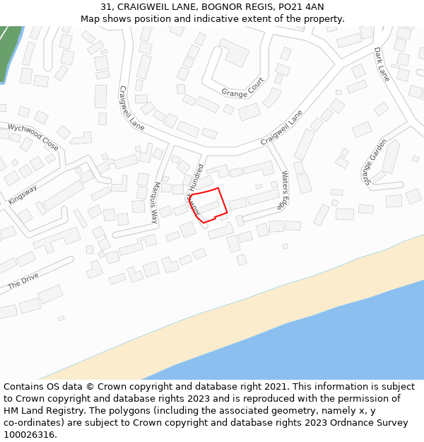 31, CRAIGWEIL LANE, BOGNOR REGIS, PO21 4AN: Location map and indicative extent of plot