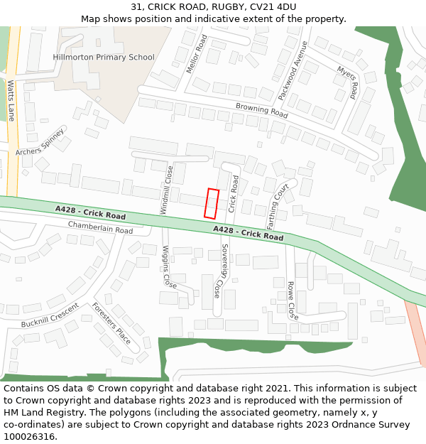 31, CRICK ROAD, RUGBY, CV21 4DU: Location map and indicative extent of plot