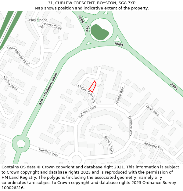 31, CURLEW CRESCENT, ROYSTON, SG8 7XP: Location map and indicative extent of plot