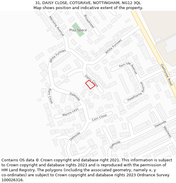 31, DAISY CLOSE, COTGRAVE, NOTTINGHAM, NG12 3QL: Location map and indicative extent of plot