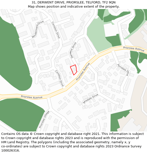 31, DERWENT DRIVE, PRIORSLEE, TELFORD, TF2 9QN: Location map and indicative extent of plot