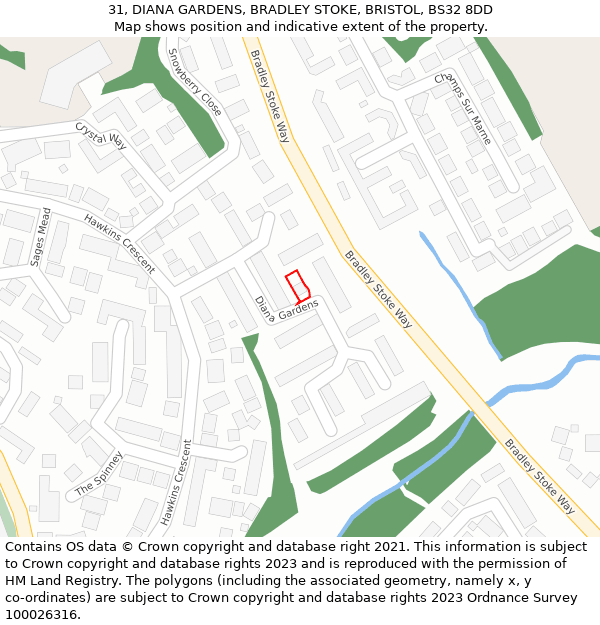 31, DIANA GARDENS, BRADLEY STOKE, BRISTOL, BS32 8DD: Location map and indicative extent of plot