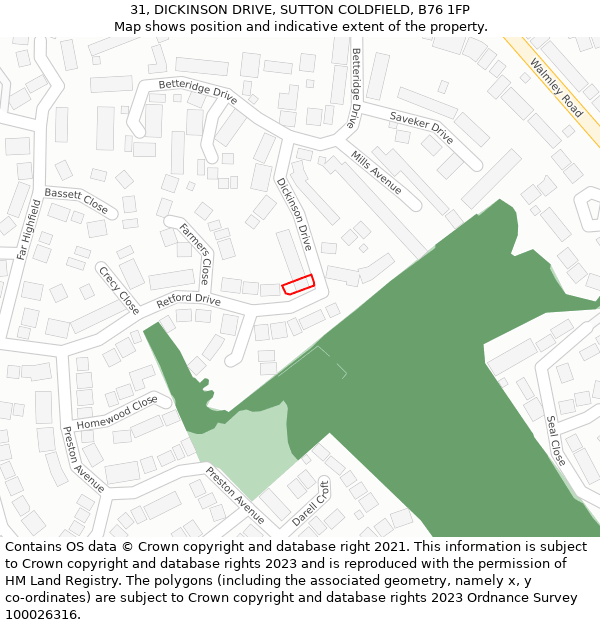 31, DICKINSON DRIVE, SUTTON COLDFIELD, B76 1FP: Location map and indicative extent of plot