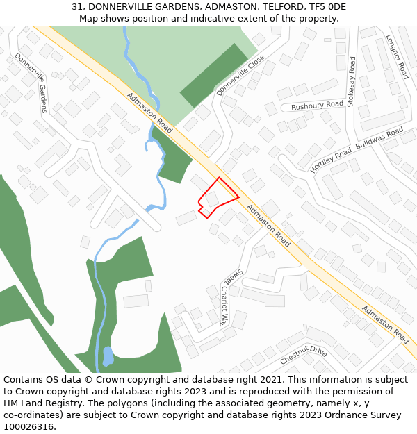 31, DONNERVILLE GARDENS, ADMASTON, TELFORD, TF5 0DE: Location map and indicative extent of plot