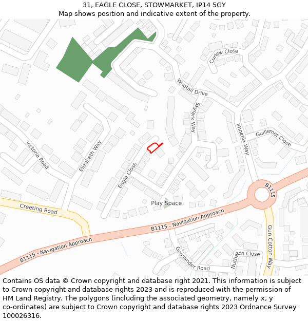 31, EAGLE CLOSE, STOWMARKET, IP14 5GY: Location map and indicative extent of plot