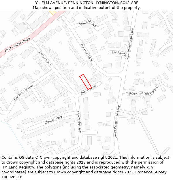 31, ELM AVENUE, PENNINGTON, LYMINGTON, SO41 8BE: Location map and indicative extent of plot