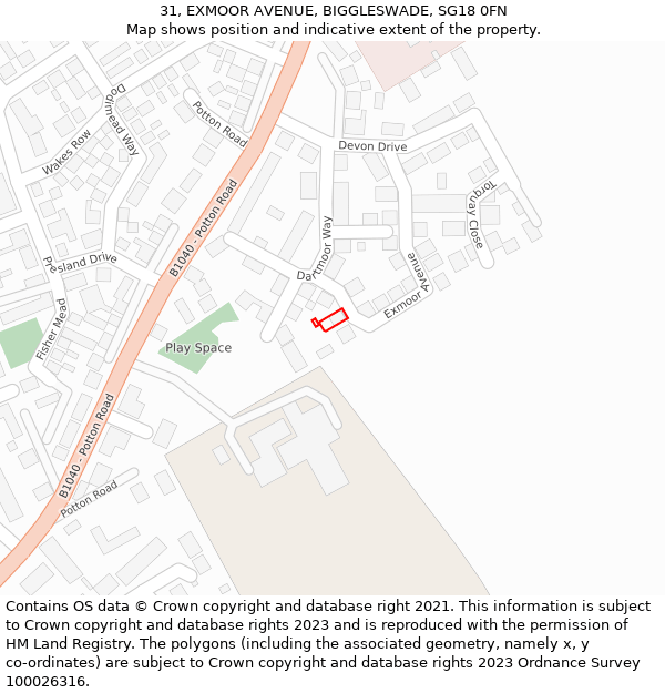 31, EXMOOR AVENUE, BIGGLESWADE, SG18 0FN: Location map and indicative extent of plot