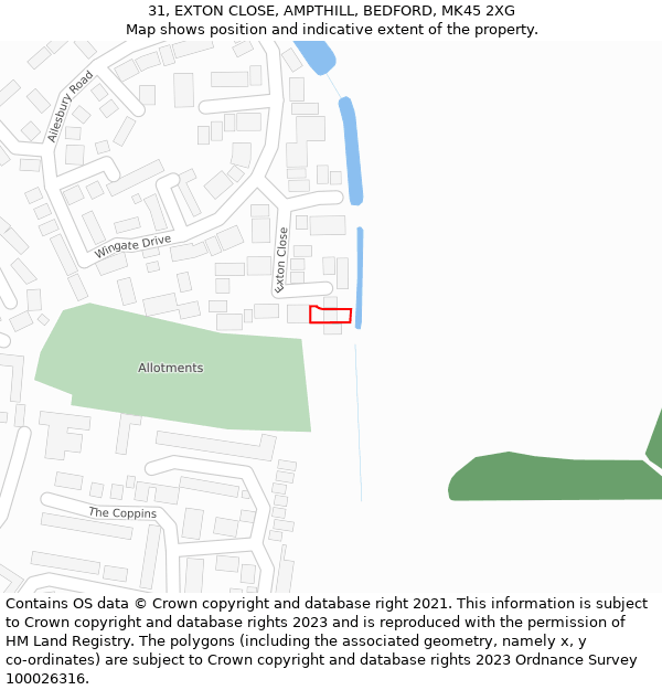 31, EXTON CLOSE, AMPTHILL, BEDFORD, MK45 2XG: Location map and indicative extent of plot