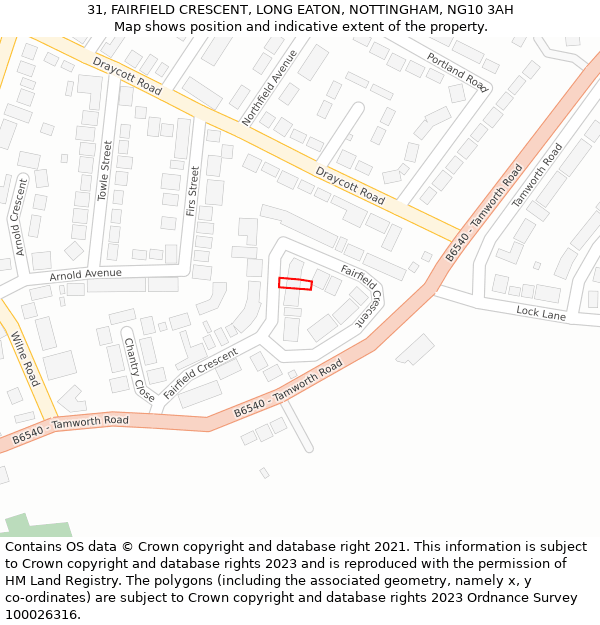 31, FAIRFIELD CRESCENT, LONG EATON, NOTTINGHAM, NG10 3AH: Location map and indicative extent of plot