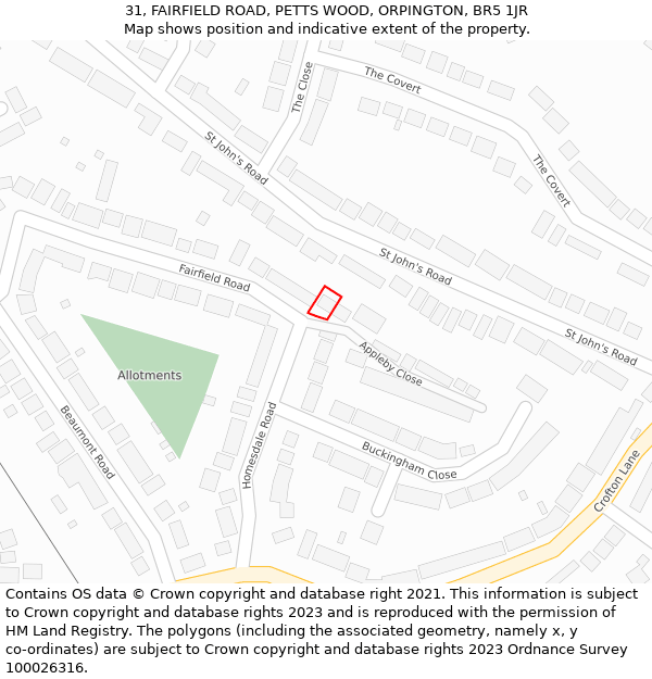 31, FAIRFIELD ROAD, PETTS WOOD, ORPINGTON, BR5 1JR: Location map and indicative extent of plot