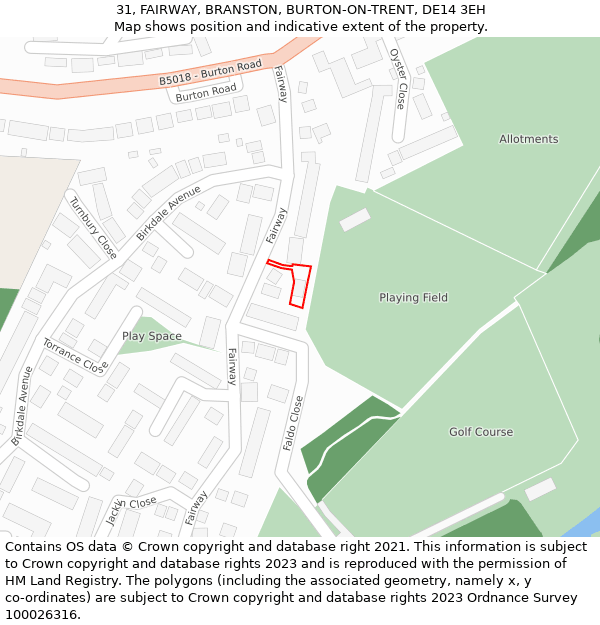 31, FAIRWAY, BRANSTON, BURTON-ON-TRENT, DE14 3EH: Location map and indicative extent of plot