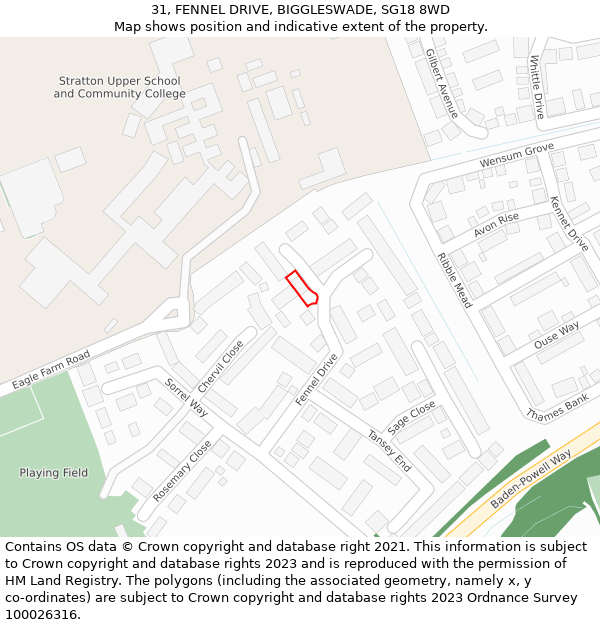 31, FENNEL DRIVE, BIGGLESWADE, SG18 8WD: Location map and indicative extent of plot