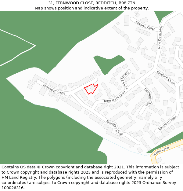 31, FERNWOOD CLOSE, REDDITCH, B98 7TN: Location map and indicative extent of plot