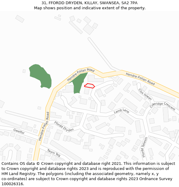 31, FFORDD DRYDEN, KILLAY, SWANSEA, SA2 7PA: Location map and indicative extent of plot