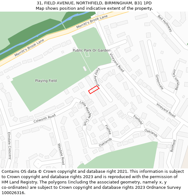 31, FIELD AVENUE, NORTHFIELD, BIRMINGHAM, B31 1PD: Location map and indicative extent of plot