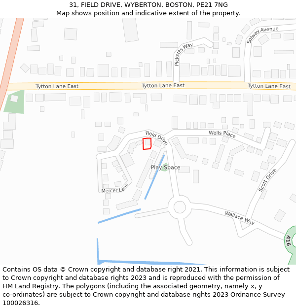 31, FIELD DRIVE, WYBERTON, BOSTON, PE21 7NG: Location map and indicative extent of plot