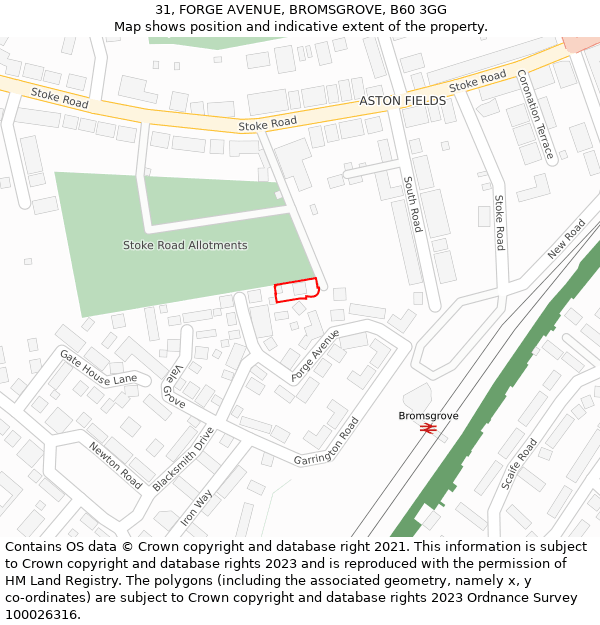 31, FORGE AVENUE, BROMSGROVE, B60 3GG: Location map and indicative extent of plot