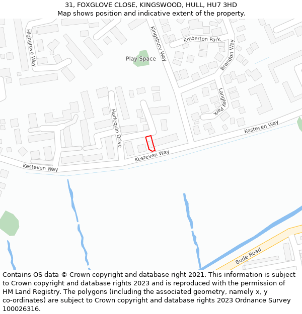 31, FOXGLOVE CLOSE, KINGSWOOD, HULL, HU7 3HD: Location map and indicative extent of plot