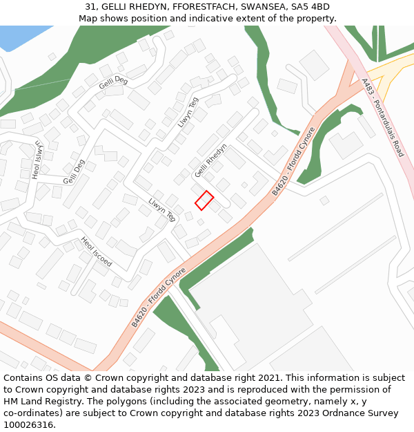 31, GELLI RHEDYN, FFORESTFACH, SWANSEA, SA5 4BD: Location map and indicative extent of plot