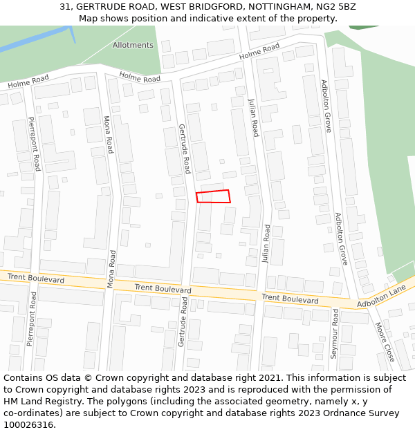 31, GERTRUDE ROAD, WEST BRIDGFORD, NOTTINGHAM, NG2 5BZ: Location map and indicative extent of plot