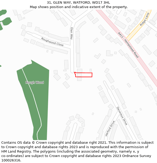 31, GLEN WAY, WATFORD, WD17 3HL: Location map and indicative extent of plot