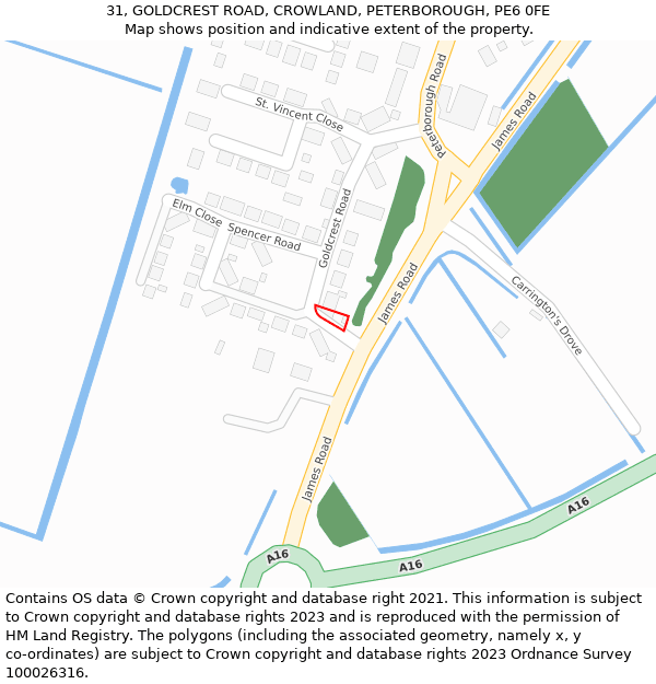 31, GOLDCREST ROAD, CROWLAND, PETERBOROUGH, PE6 0FE: Location map and indicative extent of plot