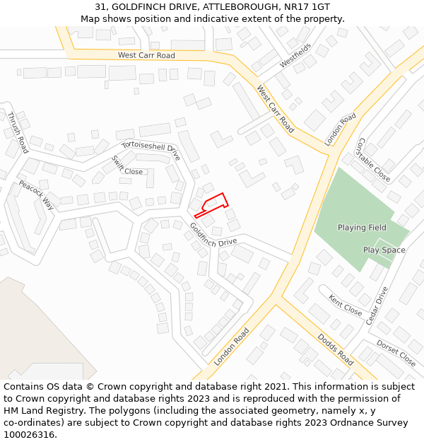 31, GOLDFINCH DRIVE, ATTLEBOROUGH, NR17 1GT: Location map and indicative extent of plot