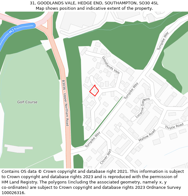 31, GOODLANDS VALE, HEDGE END, SOUTHAMPTON, SO30 4SL: Location map and indicative extent of plot