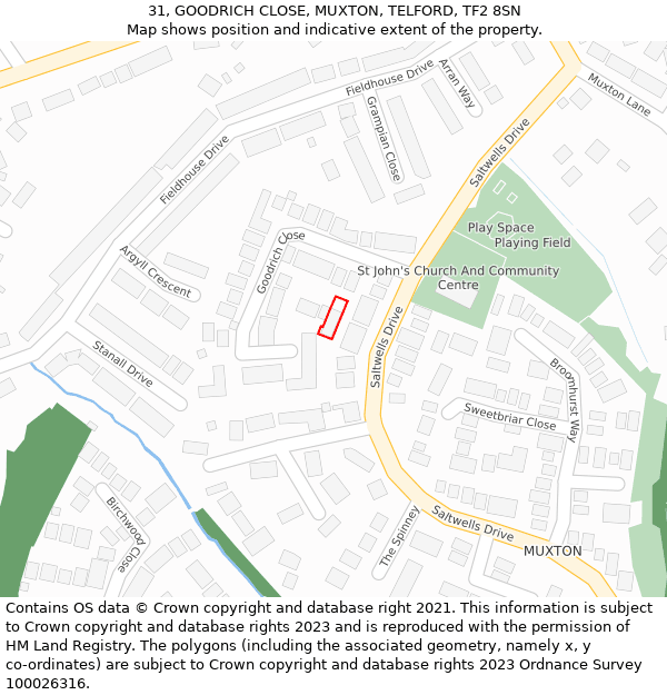 31, GOODRICH CLOSE, MUXTON, TELFORD, TF2 8SN: Location map and indicative extent of plot