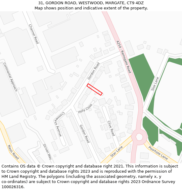 31, GORDON ROAD, WESTWOOD, MARGATE, CT9 4DZ: Location map and indicative extent of plot