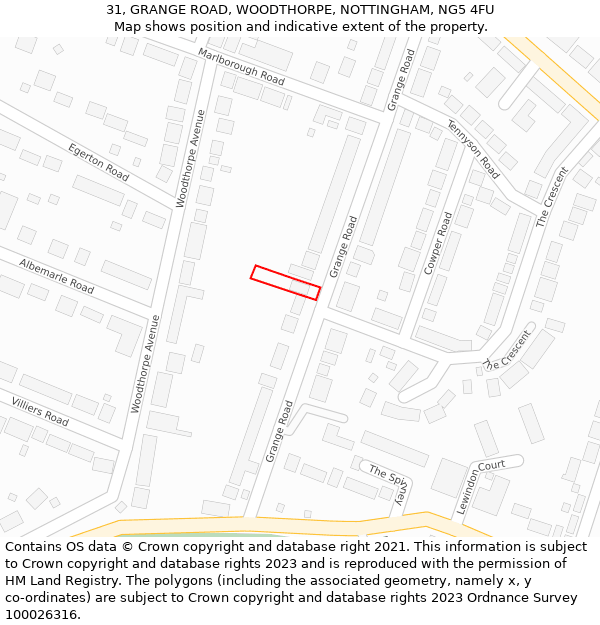 31, GRANGE ROAD, WOODTHORPE, NOTTINGHAM, NG5 4FU: Location map and indicative extent of plot