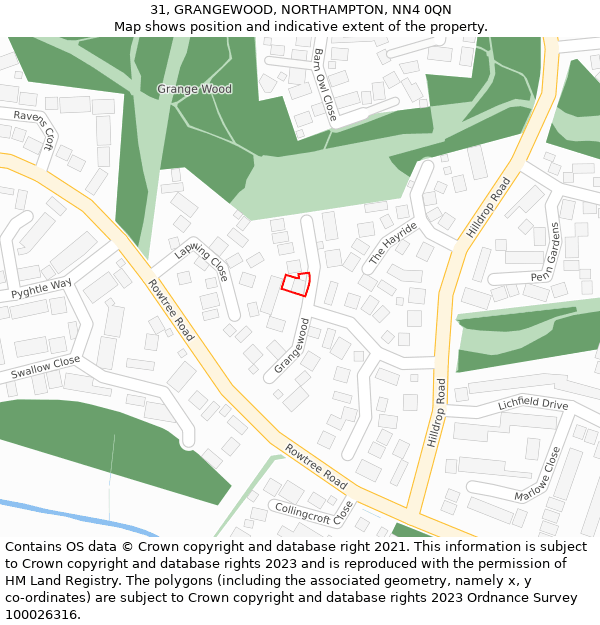 31, GRANGEWOOD, NORTHAMPTON, NN4 0QN: Location map and indicative extent of plot