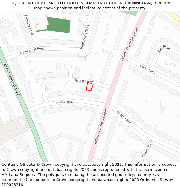 31, GREEN COURT, 643, FOX HOLLIES ROAD, HALL GREEN, BIRMINGHAM, B28 9DP: Location map and indicative extent of plot