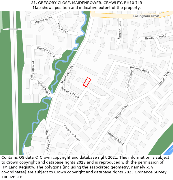 31, GREGORY CLOSE, MAIDENBOWER, CRAWLEY, RH10 7LB: Location map and indicative extent of plot