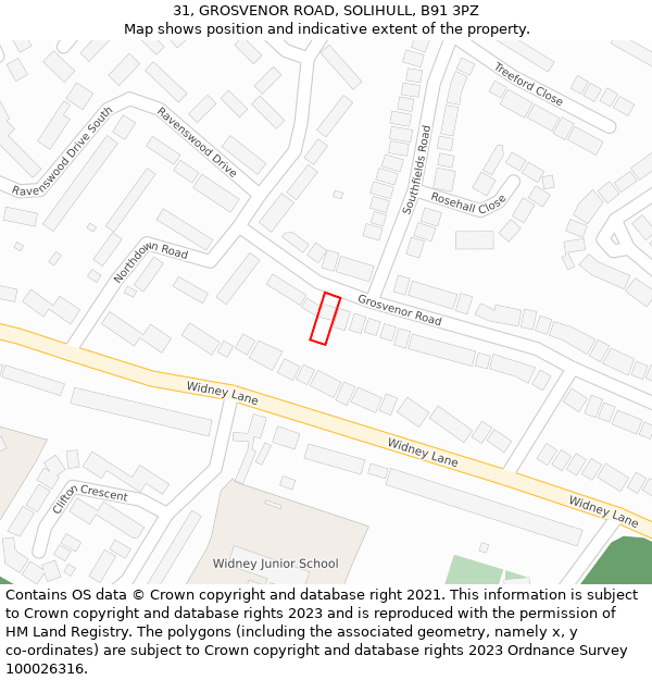 31, GROSVENOR ROAD, SOLIHULL, B91 3PZ: Location map and indicative extent of plot
