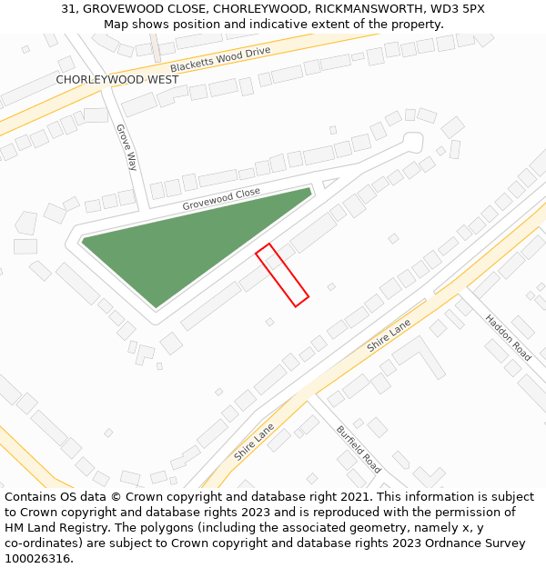 31, GROVEWOOD CLOSE, CHORLEYWOOD, RICKMANSWORTH, WD3 5PX: Location map and indicative extent of plot