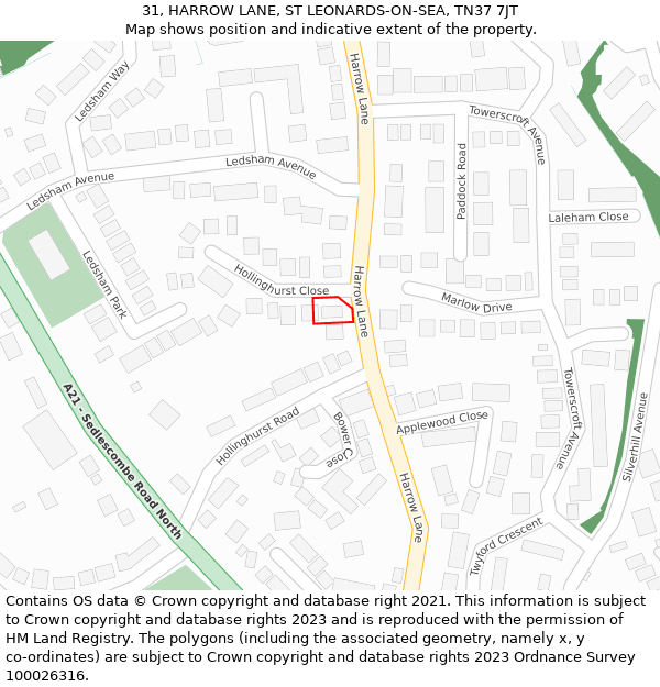 31, HARROW LANE, ST LEONARDS-ON-SEA, TN37 7JT: Location map and indicative extent of plot