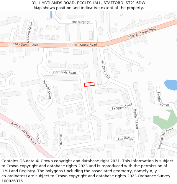 31, HARTLANDS ROAD, ECCLESHALL, STAFFORD, ST21 6DW: Location map and indicative extent of plot