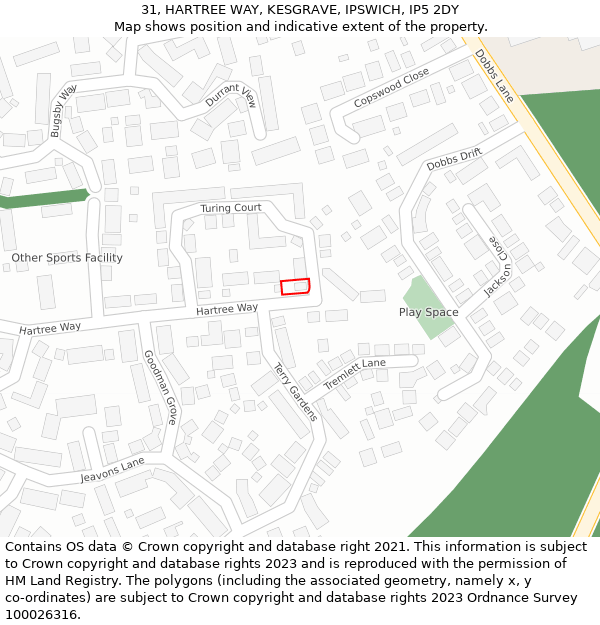 31, HARTREE WAY, KESGRAVE, IPSWICH, IP5 2DY: Location map and indicative extent of plot