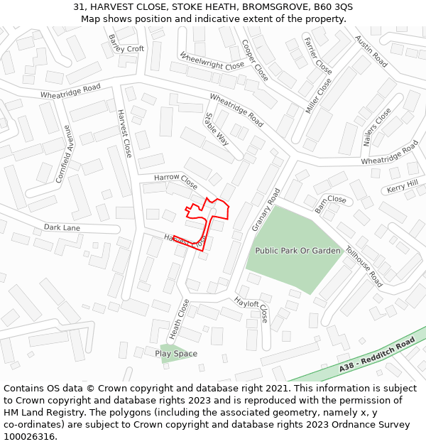 31, HARVEST CLOSE, STOKE HEATH, BROMSGROVE, B60 3QS: Location map and indicative extent of plot