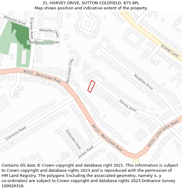 31, HARVEY DRIVE, SUTTON COLDFIELD, B75 6PL: Location map and indicative extent of plot