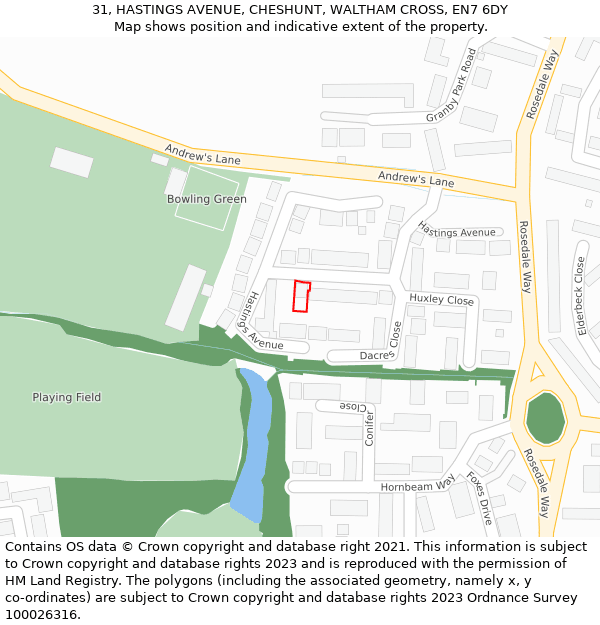 31, HASTINGS AVENUE, CHESHUNT, WALTHAM CROSS, EN7 6DY: Location map and indicative extent of plot