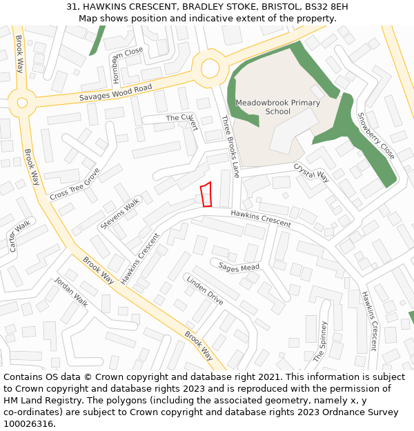 31, HAWKINS CRESCENT, BRADLEY STOKE, BRISTOL, BS32 8EH: Location map and indicative extent of plot