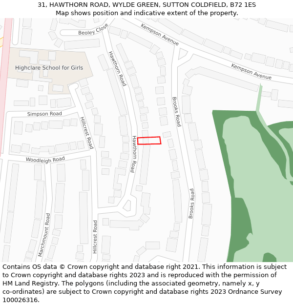 31, HAWTHORN ROAD, WYLDE GREEN, SUTTON COLDFIELD, B72 1ES: Location map and indicative extent of plot